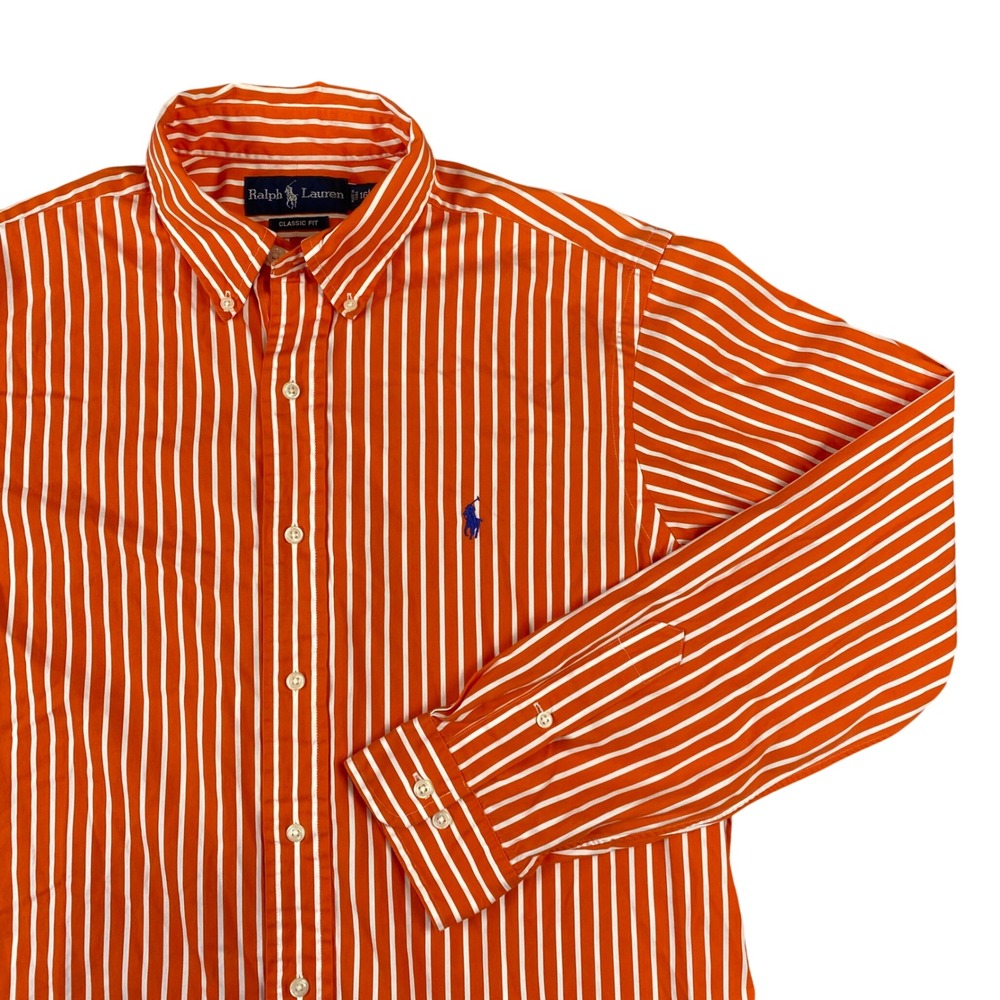 Ralph Lauren Mens 16 L Classic Fit Orange White Stripe Button Down Shirt Pony